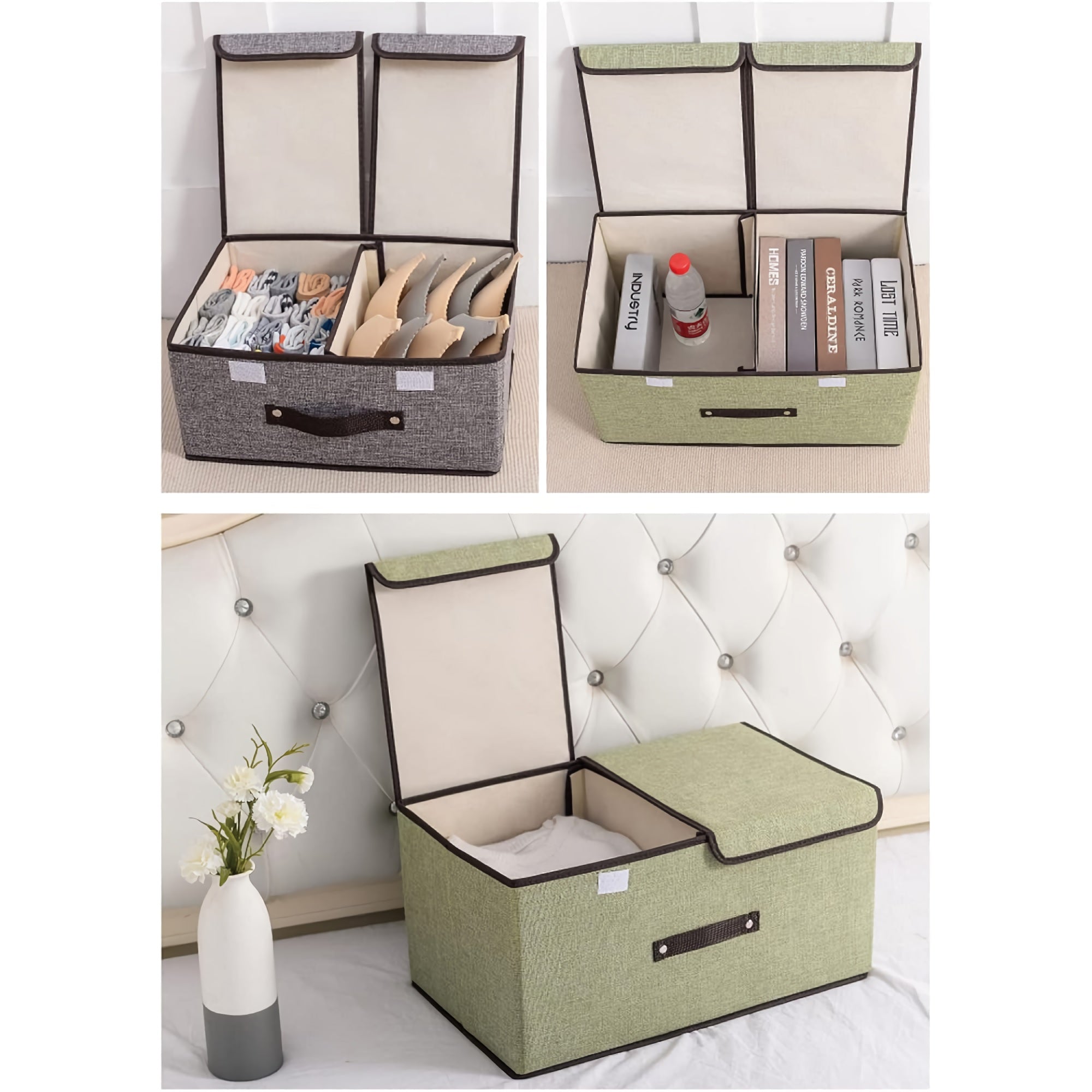 Foldable Linen Storage Box, 50 x 30 x 25 cm Double Lid Organizer Container for Home, Office, Clothes, Books, Toys (Beige) - HJ23055 Foldable Linen Storage Box, 50 x 30 x 25 cm Double Lid Organizer Container for Home, Office, Clothes, Books, Toys (Beige) - HJ23055